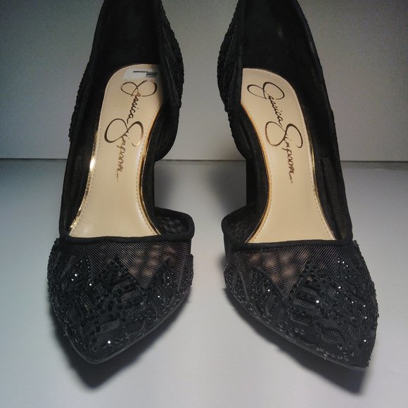 JESSICA SIMPSON 7 BLACK MESH SPARKLY RHINESTONE STILETTO HEELS holiday Christmas - Picture 3 of 16